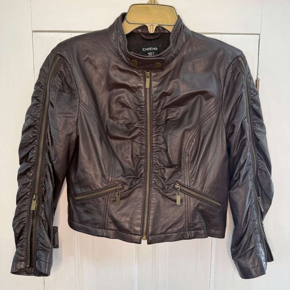 Bebe Brown Leather Jacket Medium Ruched Sleeve Zip Front Moto Biker Cropped